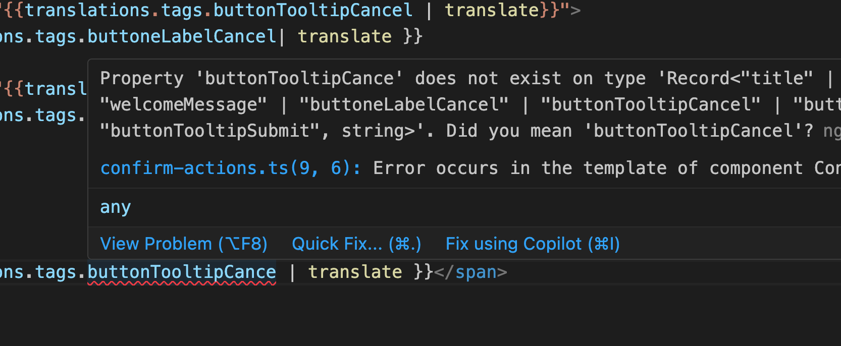 Example of IDE showing error for missing key