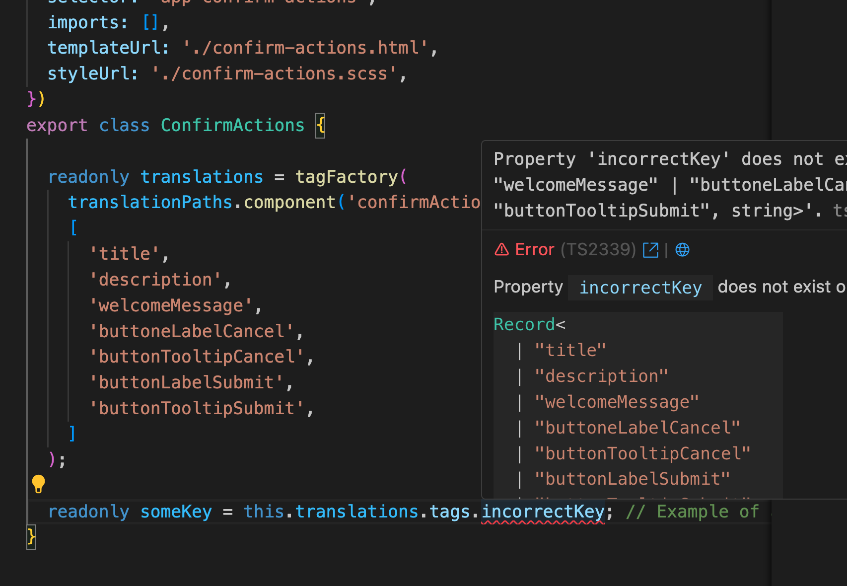 Example of IDE showing error for missing key